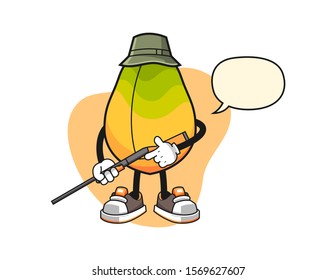 Papaya hunter with speech bubble cartoon. Mascot Character vector.
