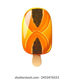 Papaya ice cream, fruit popsicle on a wooden stick with papaya pieces. Summer cold dessert, frozen juice, fruit ice. Vector illustration.