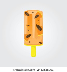 Papaya ice cream, fruit popsicle on a yellow stick with papaya pieces. Summer cold dessert, fruit ice. Vector illustration EPS 10
