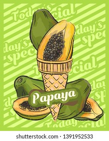 Papaya ice cream scoop in cone. Vector sketch illustration. Fruit ice cream idea, concept	