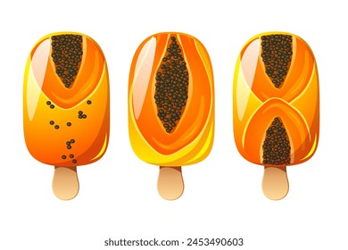 Papaya ice cream set, fruit popsicle on a wooden stick with papaya pieces. Summer cold dessert, frozen juice, fruit ice. Vector illustration.