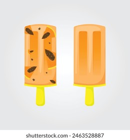 Papaya ice cream set.  Fruit popsicle on a yellow stick with papaya pieces. Summer cold dessert,  fruit ice. Vector illustration EPS 10
