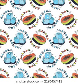 Papaya and Ice. Seamless pattern on a white background. Cute vector illustration.