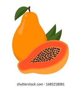Papaya einzeln auf weißem Hintergrund. tropische frische Früchte. Vektorillustration. ganze Früchte und eine Hälfte.
