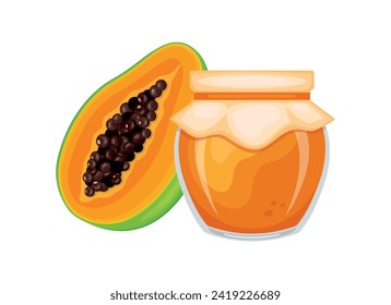 Embalaje de papaya en frasco de vidrio y ilustración vectorial de fruta de papaya fresca. Vidrio de papel para el diseño de la propagación. Icono de tarro de mermelada papaya aislado en fondo blanco