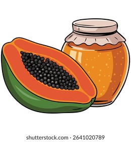 Papaya jam jar with fresh fruit isolated vector illustration on white background