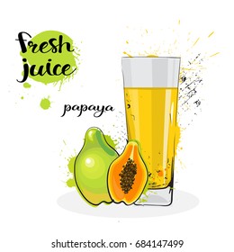 Papaya Juice Fresh Hand Drawn Watercolor Fruits And Glass On White Background Vector Illustration