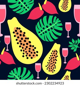 papaya, juice glass, Monstera leaf party night theme modern tropical seamless vector repeat pattern. It is suitable for textile, fabric, tiles, wrapping, decorations and much more.