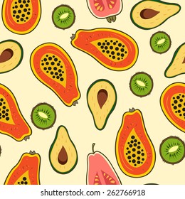 papaya, kiwi, avocado pattern, vector Illustration. Exotic fruit. Hand-drawn style.