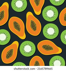 Papaya and kiwi seamless pattern. Scandinavian style. Flat doodle. Sweet summer fruits isolated on dark background. Vector illustration for textile, wallpaper, wrapping paper, juice package, menu