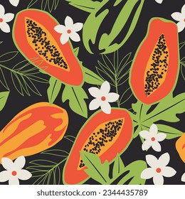 Papaya with leaves seamless pattern on black background. Hawaiian fruits for fashion fabrics, textiles, decorative pillows. Vector.