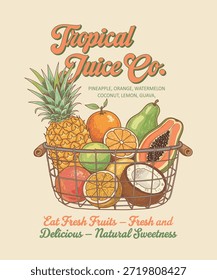 Papaya, lemon, coconut, avocado, pineapple, olive artwork. Many fruit in basket. Modern art design. Grocery item.
