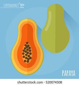 Papaya.  Icono vectorial de diseño plano de sombra larga.