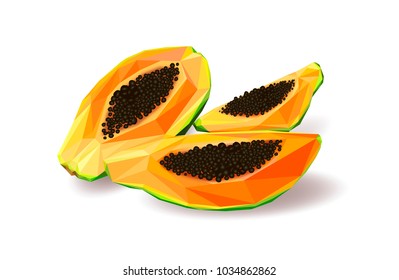 
Papaya low poly. Polygonal fruit. Exotic fruit of papaya. Natural fruit. Natural food. Papaya cut into pieces. Orange fruit.