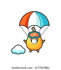 papaya mascot cartoon is skydiving with happy gesture , cute style design for t shirt, sticker, logo element