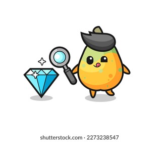 Papaya-Maskottchen prüft die Echtheit eines Diamanten , süßes Design für T-Shirt, Aufkleber, Logo-Element