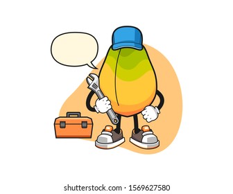 Papaya mechanic with speech bubble cartoon. Mascot Character vector.