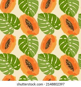 Papaya and monstera leaf summer seamless pattern. Vector illustration