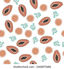 A papaya, an orange and a grapes on white background. A fruit pattern 