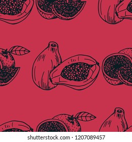 papaya, orange tropical fruit seamless pattern