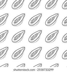 Papaya outline seamless pattern on white background. Wrapping paper, gift card, poster, banner design. Home decor, modern textile print. Summer bright geometric fruits patterned.