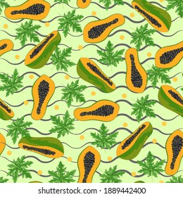 Papaya Pattern With Leaves On Green Background