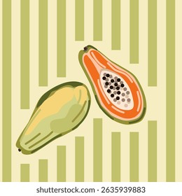 Papaya pattern on yellow background with green stripes, full fruit and slices in watercolor style. Could be used as print for card, fabric, textile, wallpaper, ribbon, texture, wrapping paper.