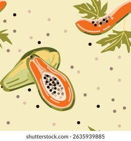 Papaya pattern on yellow background with green leaves , full fruit and slices in watercolor style. Could be used as print for card, fabric, textile, wallpaper, ribbon, texture, wrapping paper.