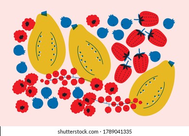 Papaya, pear, berry, strawberry. Funny colored typography poster, apparel print design, bar menu decoration. Vector abstract illustration. Fruits still life. EPS 10. Isolated. Love fruit.