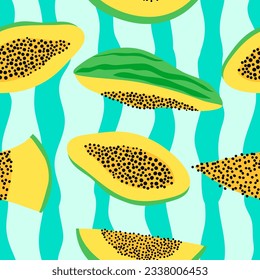 papaya pieces with blue stripes seamless pattern. Papaya pieces with seeds on blue background seamless vector pattern