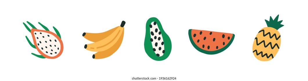 Papaya, pitaya, banana, pineapple and watermelon isolated on white background. Set of simple exotic fruits icon, whole, sliced and cut in half. Colored flat vector illustration