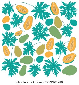 Papaya Print pattern background with papaya leaves in flat design