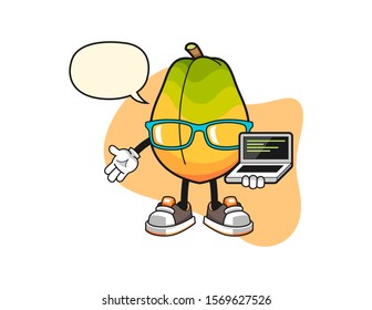 Papaya programmer with speech bubble cartoon. Mascot Character vector.