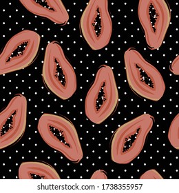 papaya raster seamless pattern on black with white dotted background. Graphic background