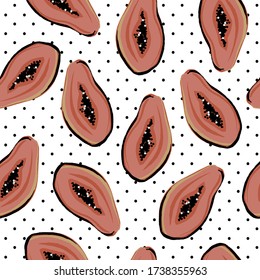 papaya raster seamless pattern on white with black dotted background. Graphic background