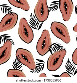 papaya raster seamless pattern on white background with black palms leaves. Graphic background