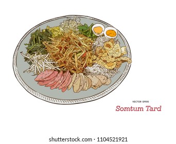 Papaya Salad on tray served with varieties of papaya salad  with Fermented Fish , vegetable, crispy pork , rice noodle , egg and thai style ham. Hand draw sketch vector of thai food