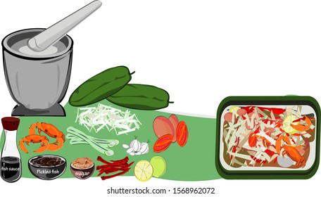 Papaya salad (somtum thai name), Thai food Thai food cooked with papaya, tomatoes, yard long beans, garlic, fish sauce,  sugar, chilli sauce, lime. Vector illustration  Asian food, famous Thai 