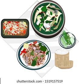 Papaya salad, Spicy minced pork (Larb), sticky rice, fresh vegetables, bamboo shoot soup, lunch and dinner set In northeastern Thai style, traditional, popular flavor of Thailand