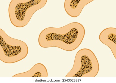 Papaya de fondo sin fisuras. Diseño de fondo de frutas exóticas estampadas para textiles, Anuncio, cubierta, folleto, envoltura, Fondo de pantalla.