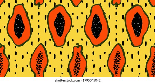 Papaya seamless pattern. Color illustration on yellow background. Hand drawn sliced papaya for package, textile or menu design. Vector