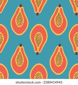 Papaya seamless pattern. Cut papaya fruit. Organic vitamins and healthy nutrition. Flat design, doodle style. Graphic texture. Fabric design. Vector