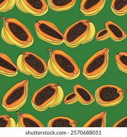 Papaya seamless pattern. Fruit colorful background. Food print