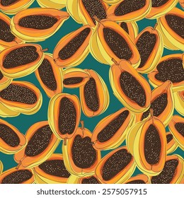 Papaya seamless pattern. Fruit colorful background. Food print Ideal for printing on fabric, wrapping paper, wallpaper