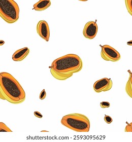 Papaya seamless pattern. Fruit colorful background. Food print Ideal for printing on fabric, wrapping paper, wallpaper