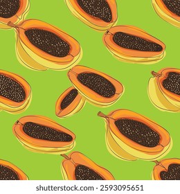 Papaya seamless pattern. Fruit colorful background. Food print Ideal for printing on fabric, wrapping paper, wallpaper