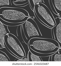 Papaya seamless pattern. Fruit monochrome background. Food black and white sketch print
