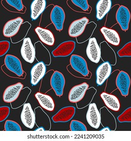 Papaya seamless pattern. Fruity citrus pattern on a black background in a flat style. Ideal for printing on fabric, wrapping paper, wallpaper, etc.