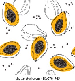 Papaya seamless pattern. Hand drawn vector illustration isolated on white background. Good for background, wallpaper, textile, wrap and etc.