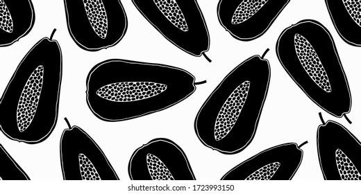 Papaya seamless pattern. Hand drawn vector fruit illustration. Cartoon style design. Cute minimalistic exotic fruits background.